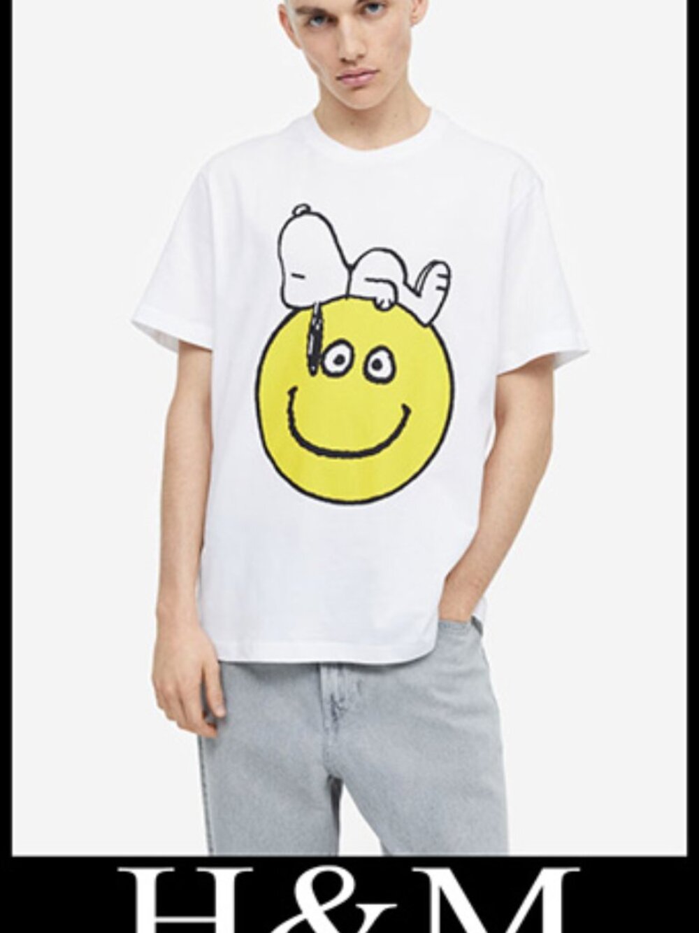 H&M Men's Size S Snoopy Smiley Peanuts graphic tee 100% Cotton White